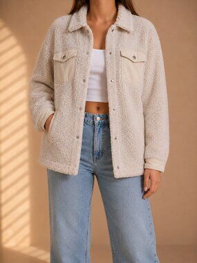 💜 2 for $25 💜 ONLY Teddy Sherpa Jacket Cream Button Up Overshirt (Women’s S)